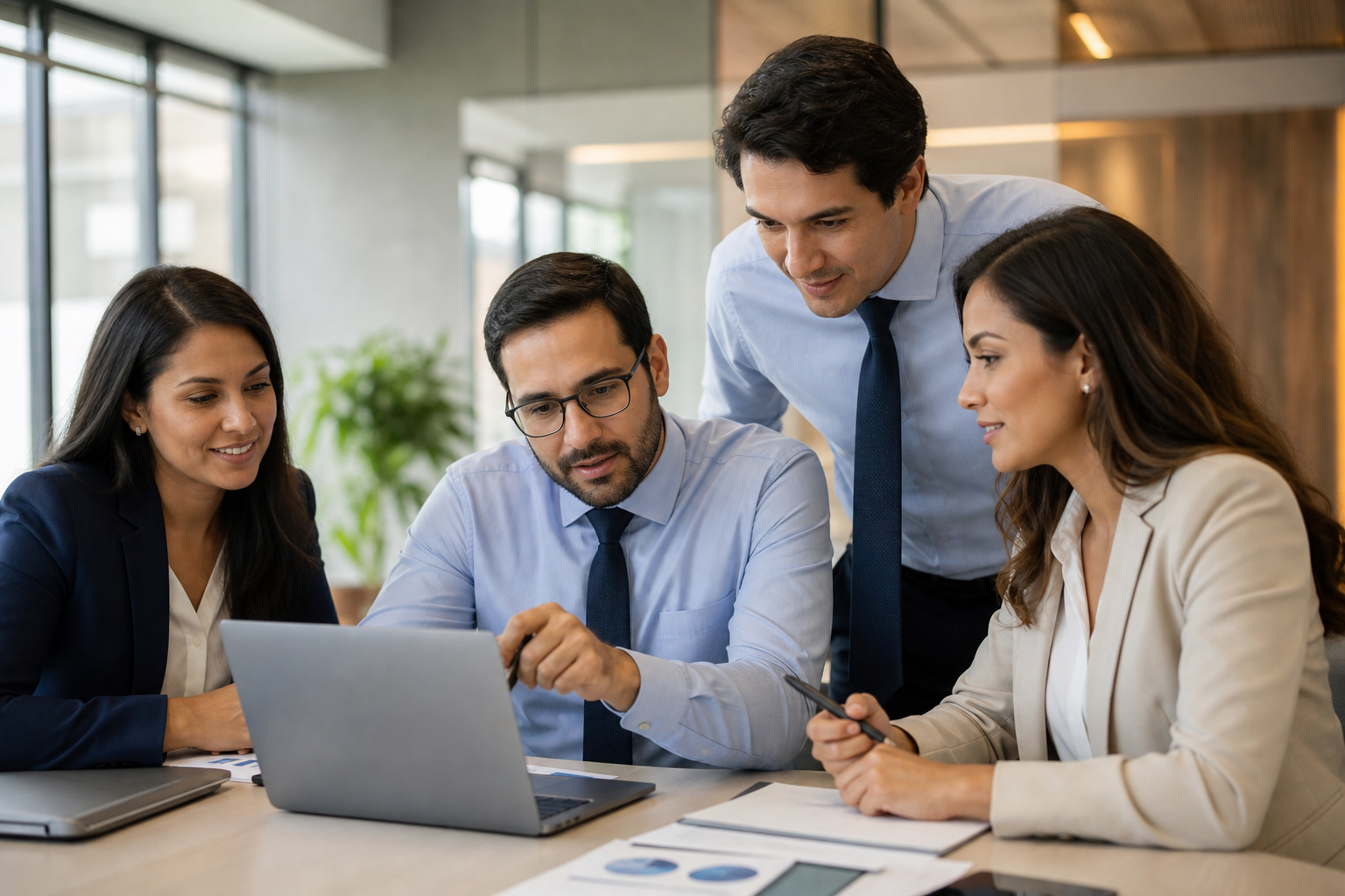 Profissionais em trajes sociais analisam dados em notebook em escritório moderno